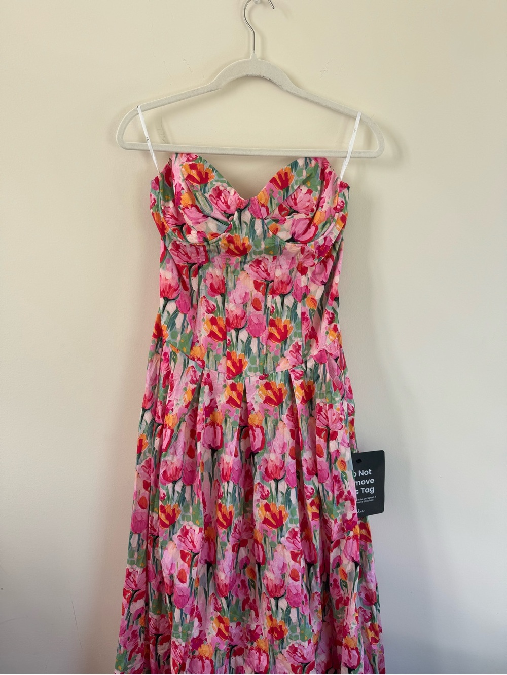 Lulu's Pink Floral Midi Dress with Green Accents and Red Highlights